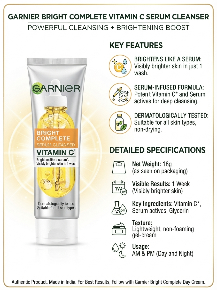 Garnier Bright Complete Vitamin C Serum Cleanser, Brightening Face Wash with Vitamin C & Serum Actives, Deep Cleansing, Non-Drying Formula, Suitable for All Skin Types