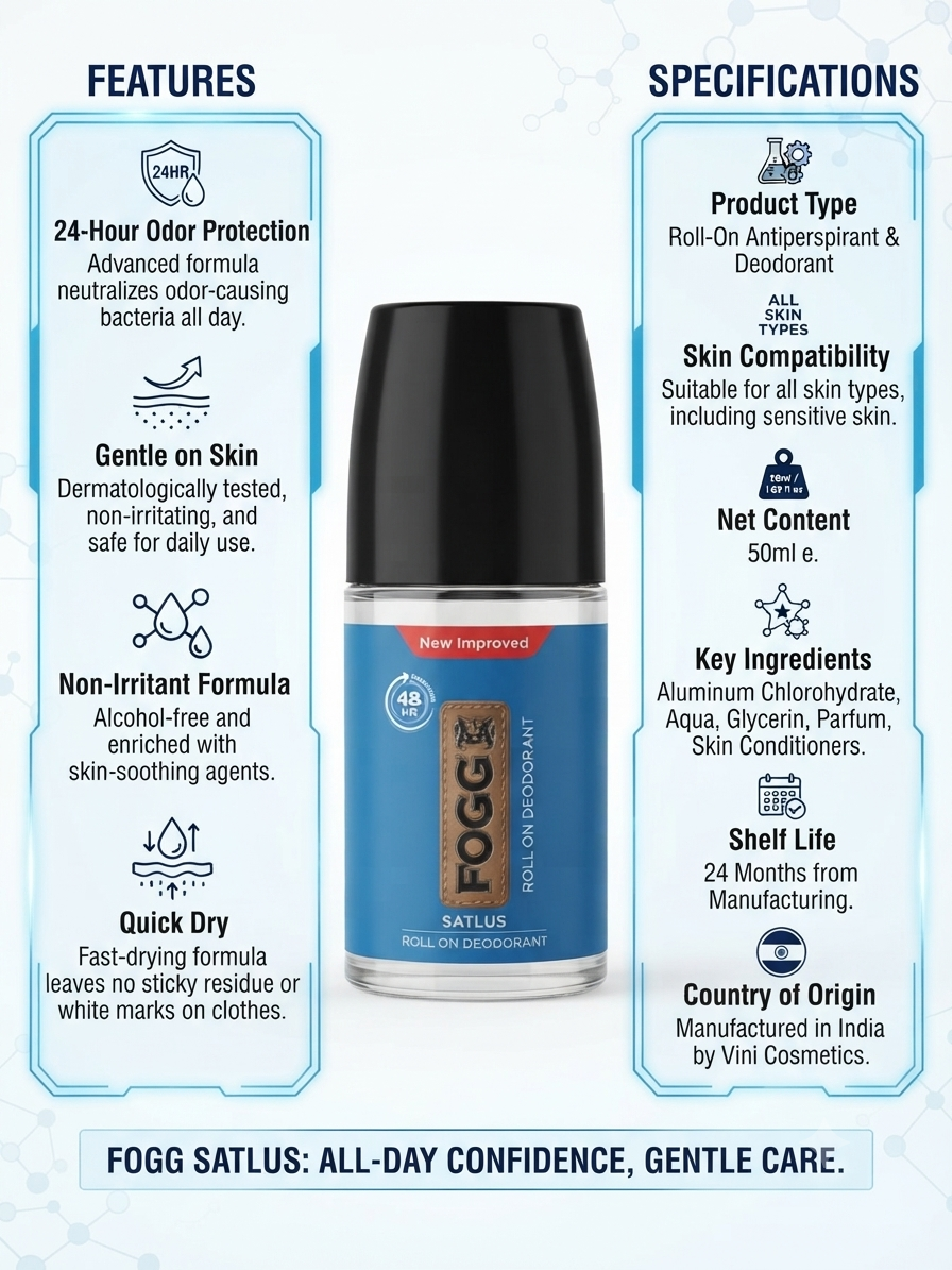 FOGG Sattlus Roll On Deodorant for Men, Antiperspirant & Deodorant, 24 Hour Odour Protection, Quick Dry Non-Sticky Formula, Alcohol-Free, 50ml