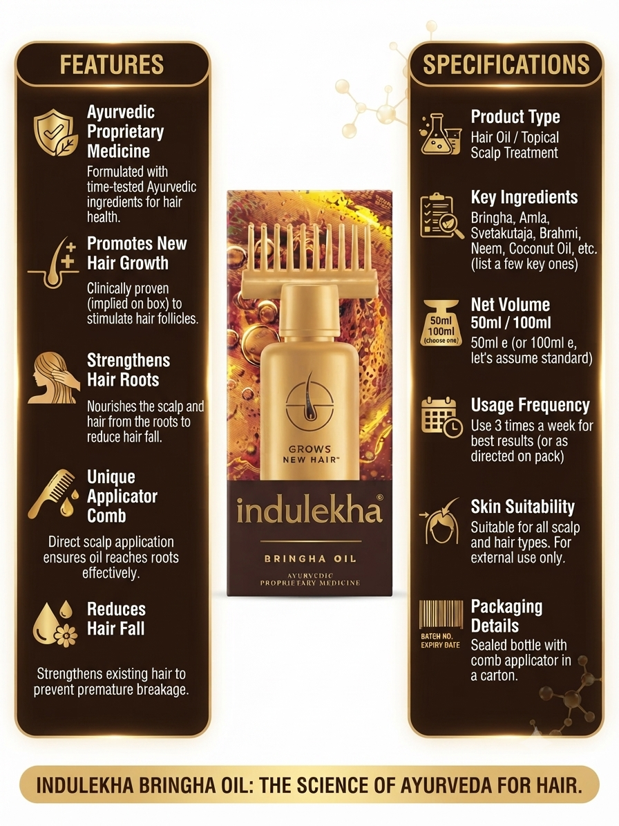 Indulekha Bringha Ayurvedic Hair Oil with Comb Applicator, Hair & Scalp Treatment, Helps Strengthen Hair Roots, Nourishes Scalp, Helps Reduce Hair Fall, 50ml