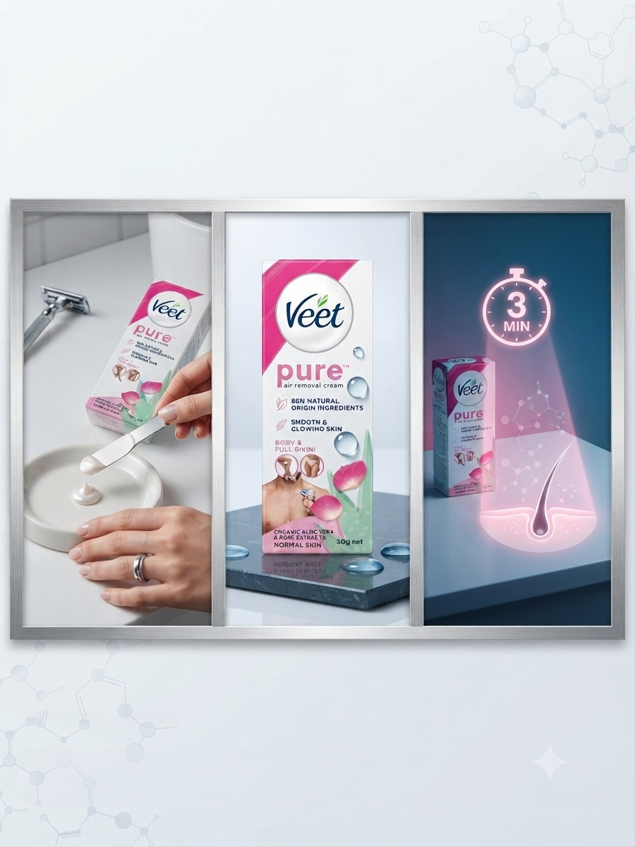 Veet Pure Hair Removal Cream for Normal Skin, 86% Natural Origin Ingredients, Enriched with Organic Aloe Vera & Rose Extracts, Gentle Hair Removal for Legs, Arms, Underarms & Bikini Line, 30g
