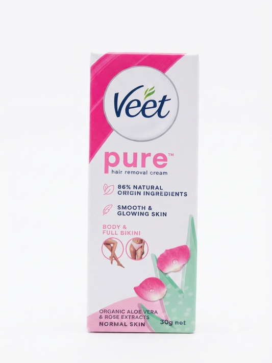 Veet Pure Hair Removal Cream for Normal Skin, 86% Natural Origin Ingredients, Enriched with Organic Aloe Vera & Rose Extracts, Gentle Hair Removal for Legs, Arms, Underarms & Bikini Line, 30g