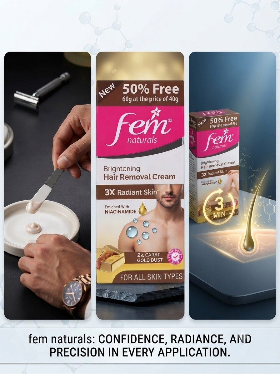 Fem Naturals Brightening Hair Removal Cream with Niacinamide & 24 Carat Gold Dust, 3X Radiant Skin Formula, Hair Remover for All Skin Types, 50g