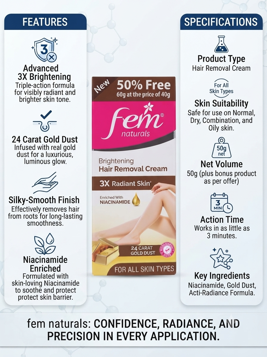 Fem Naturals Brightening Hair Removal Cream with Niacinamide & 24 Carat Gold Dust, 3X Radiant Skin Formula, Hair Remover for All Skin Types, 50g
