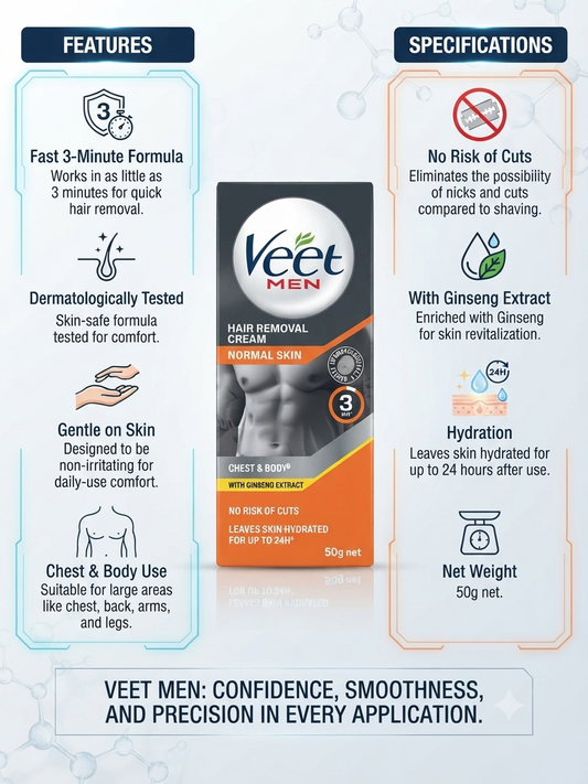 Veet Men Hair Removal Cream for Normal Skin, with Ginseng Extract, Fast 3-Minute Formula, Chest & Body Hair Remover, Hydrates Skin Up to 24 Hours