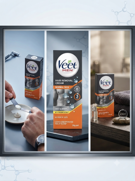 Veet Men Hair Removal Cream for Normal Skin, with Ginseng Extract, Fast 3-Minute Formula, Chest & Body Hair Remover, Hydrates Skin Up to 24 Hours,