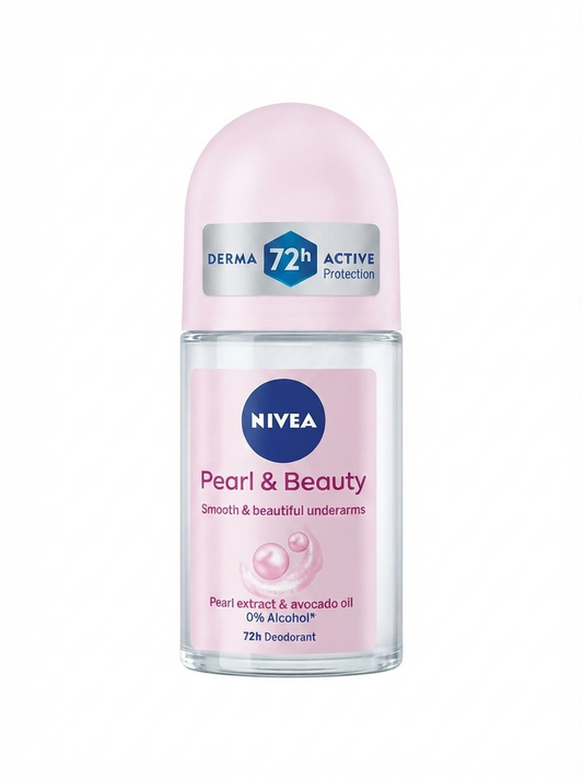 NIVEA Pearl & Beauty Roll-On Deodorant for Women, 72H Derma Active Protection, Pearl Extract & Avocado Oil, 0% Alcohol, Smooth & Beautiful Skin, Floral Scent, 50ml