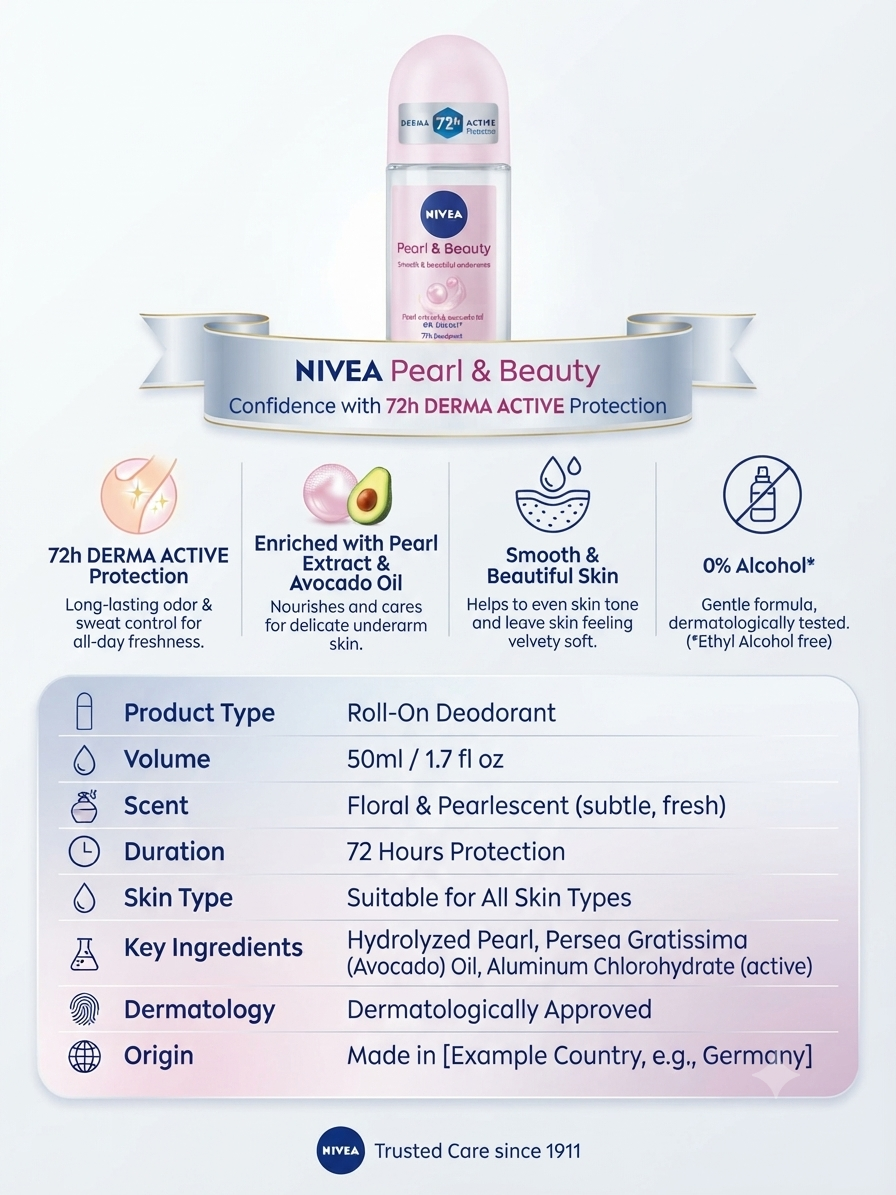 NIVEA Pearl & Beauty Roll-On Deodorant for Women, 72H Derma Active Protection, Pearl Extract & Avocado Oil, 0% Alcohol, Smooth & Beautiful Skin, Floral Scent, 50ml
