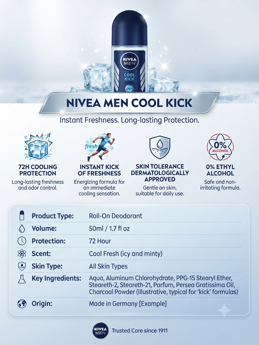 NIVEA MEN Cool Kick Roll-On Deodorant for Men, 72H Cooling Freshness & Odor Protection, 0% Ethyl Alcohol, Cool Fresh Scent, Dermatologically Approved, 50ml