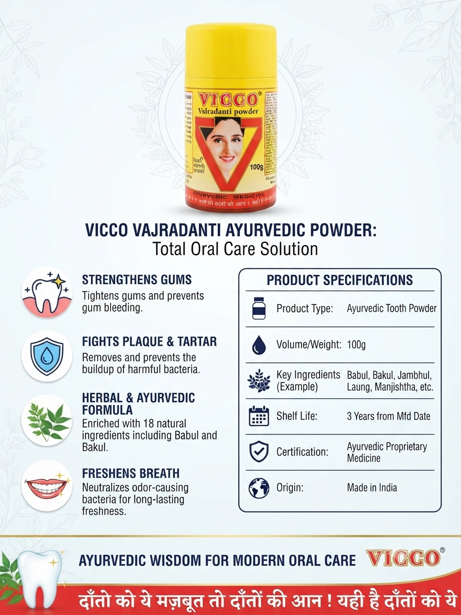 Vicco Vajradanti Ayurvedic Tooth Powder for Strong Teeth & Healthy Gums, Herbal Oral Care with Ayurvedic Herbs, Helps Maintain Gum & Dental Health, 100g