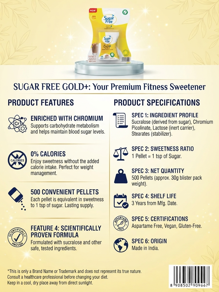 Sugar Free Gold+ Sweetener Tablets with Sucralose & Chromium, 500 Pellets, Sugar Substitute for Tea, Coffee & Beverages, 0 Calorie Sweetener, Made in India