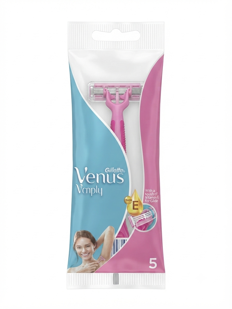 Gillette Venus 5 Disposable Razors for Women, 5-Blade Razor with Vitamin E Lubrication Strip, Pivoting Head, Comfort Grip Handle, Smooth Body Shaving, Pack of 5