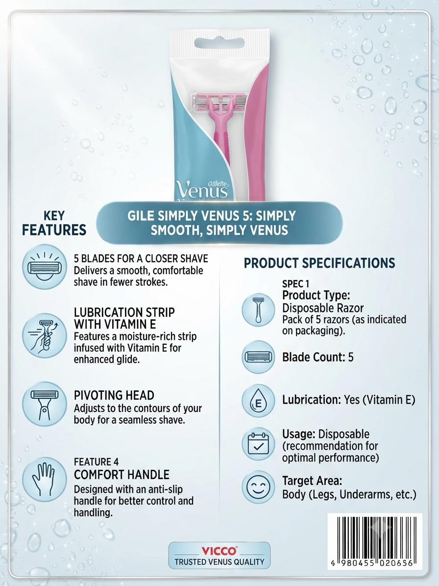 Gillette Venus 5 Disposable Razors for Women, 5-Blade Razor with Vitamin E Lubrication Strip, Pivoting Head, Comfort Grip Handle, Smooth Body Shaving, Pack of 5