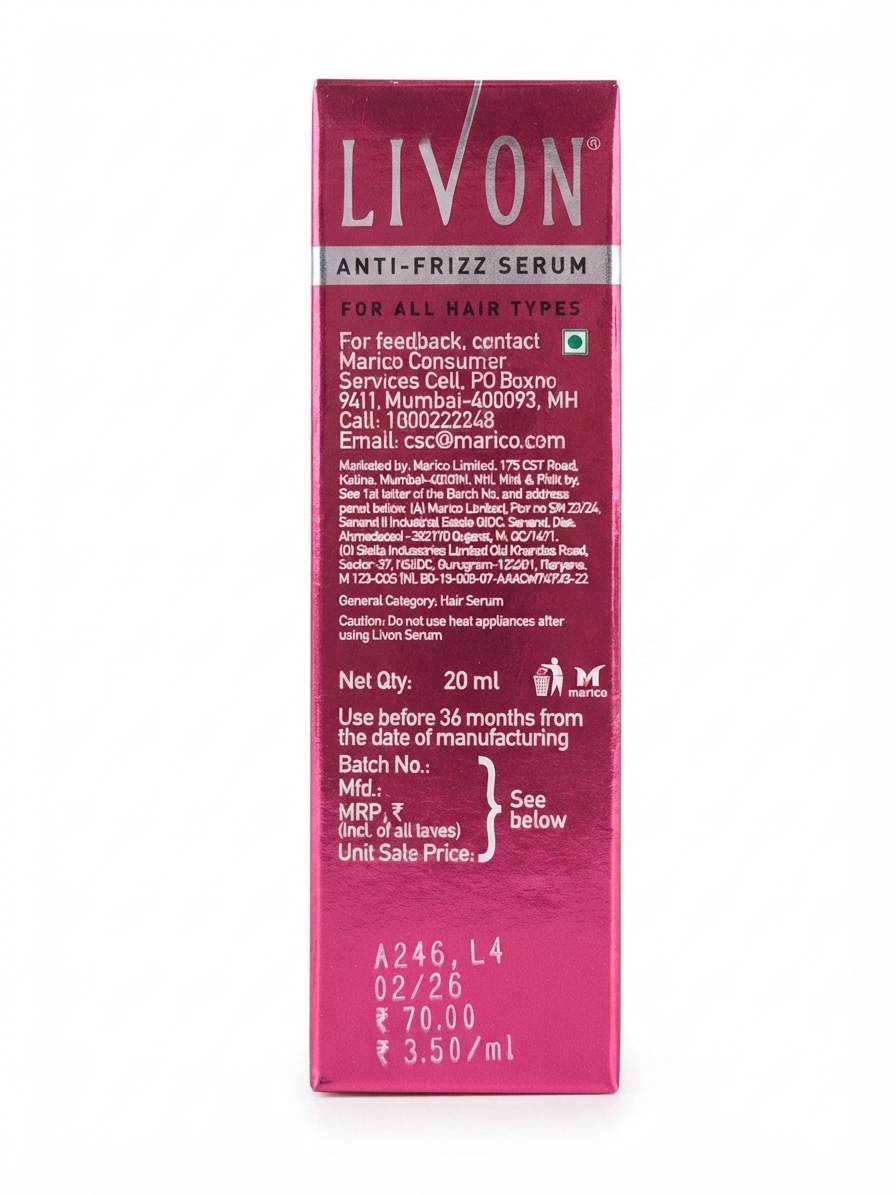 Livon Anti-Frizz Serum for All Hair Types, with Vitamin E & Argan Oil, Smooths Frizz & Flyaways, Adds Shine, Lightweight Non-Greasy Hair Serum, Heat Styling Protection