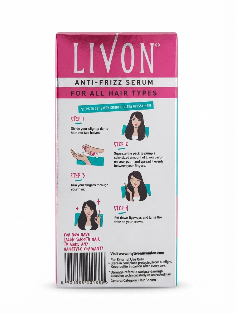 Livon Anti-Frizz Serum for All Hair Types, with Vitamin E & Argan Oil, Smooths Frizz & Flyaways, Adds Shine, Lightweight Non-Greasy Hair Serum, Heat Styling Protection