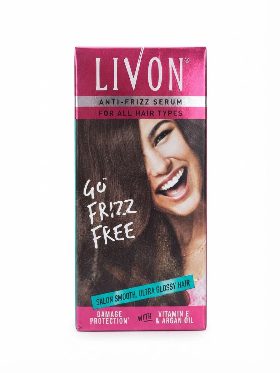 Livon Anti-Frizz Serum for All Hair Types, with Vitamin E & Argan Oil, Smooths Frizz & Flyaways, Adds Shine, Lightweight Non-Greasy Hair Serum, Heat Styling Protection