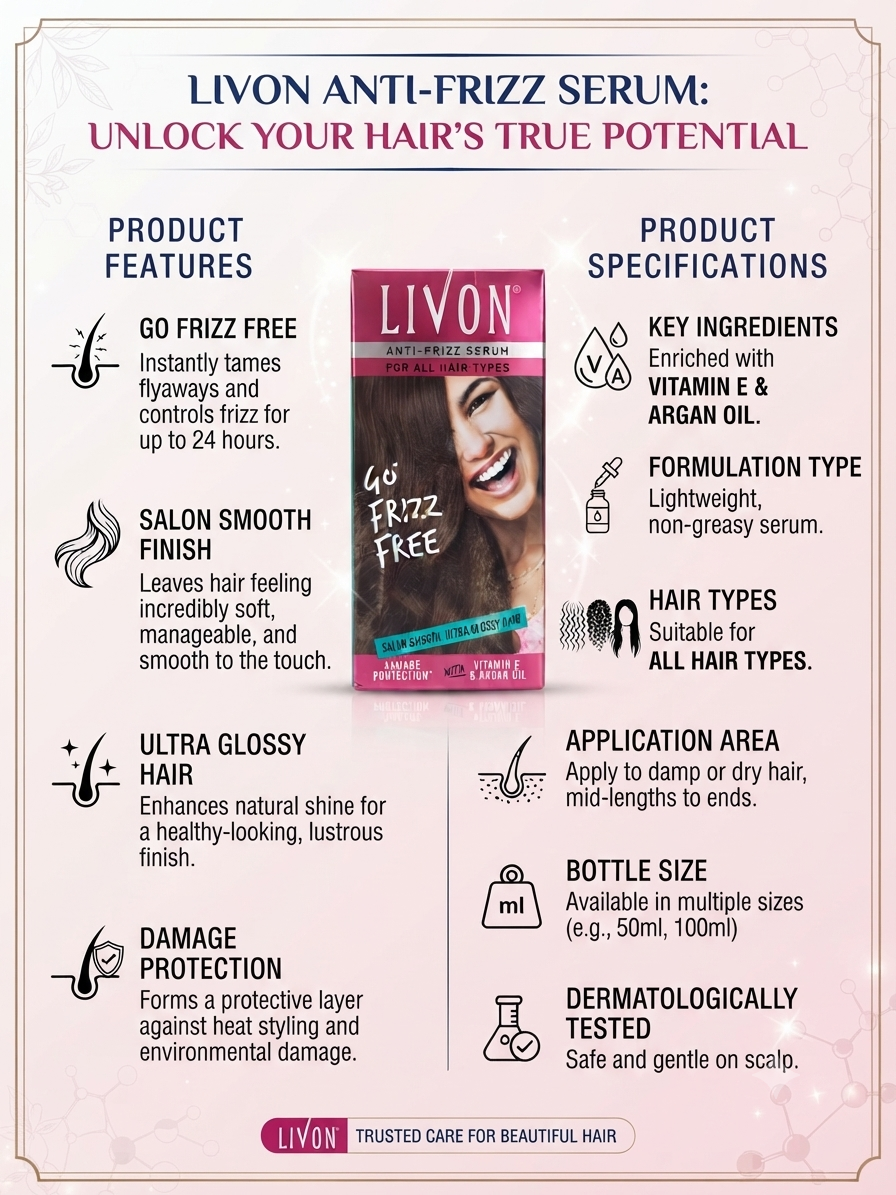 Livon Anti-Frizz Serum for All Hair Types, with Vitamin E & Argan Oil, Smooths Frizz & Flyaways, Adds Shine, Lightweight Non-Greasy Hair Serum, Heat Styling Protection