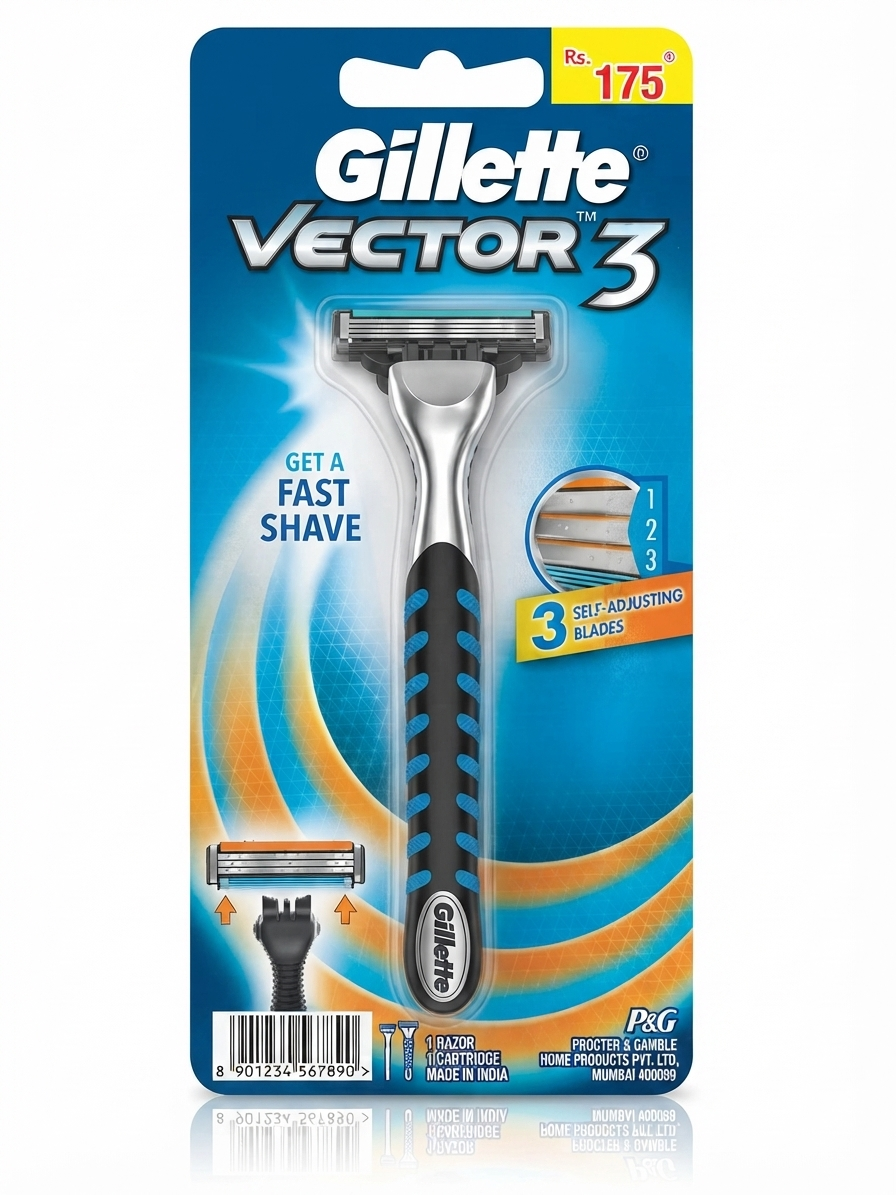 Gillette Vector 3 Razor for Men, Refillable Razor System with 3 Self-Adjusting Precision Blades, Lubrication Strip & Ergonomic Non-Slip Handle, 1 Handle + 1 Cartridge