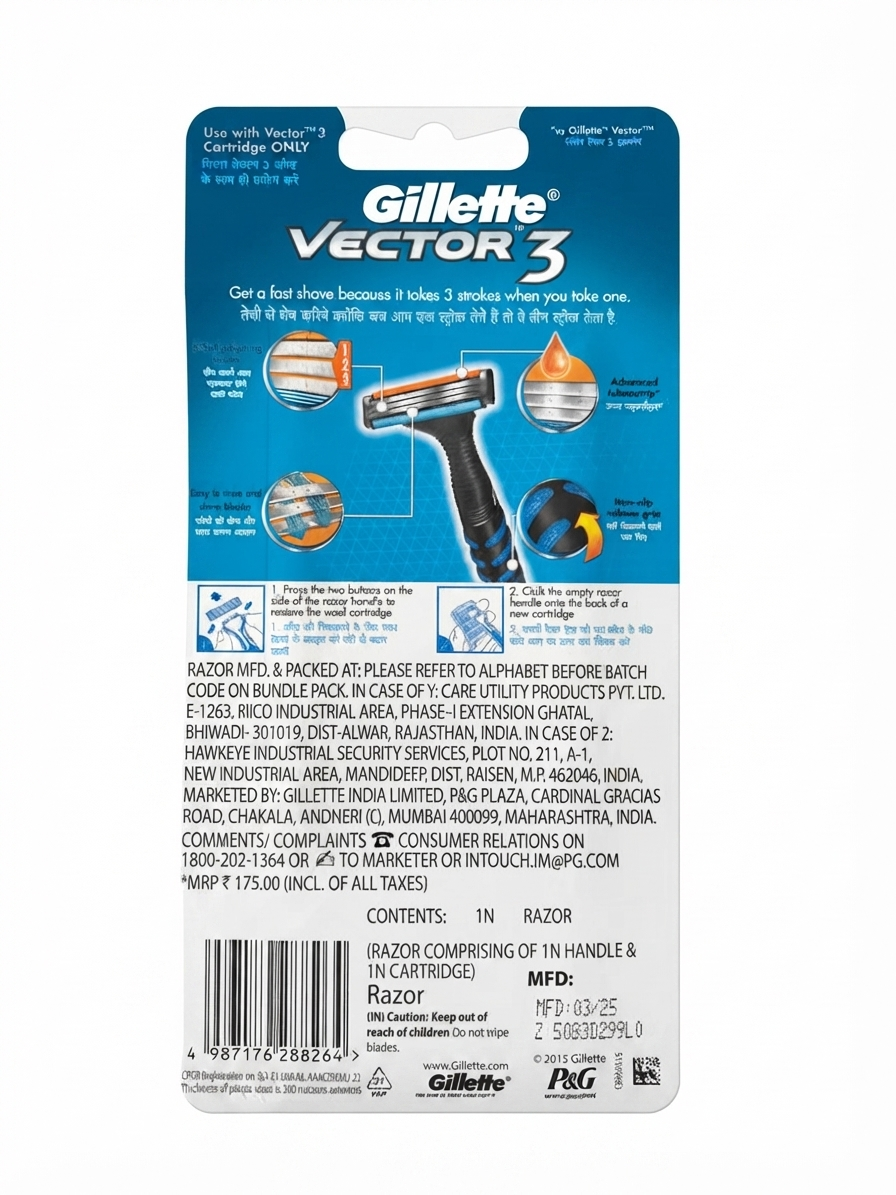 Gillette Vector 3 Razor for Men, Refillable Razor System with 3 Self-Adjusting Precision Blades, Lubrication Strip & Ergonomic Non-Slip Handle, 1 Handle + 1 Cartridge