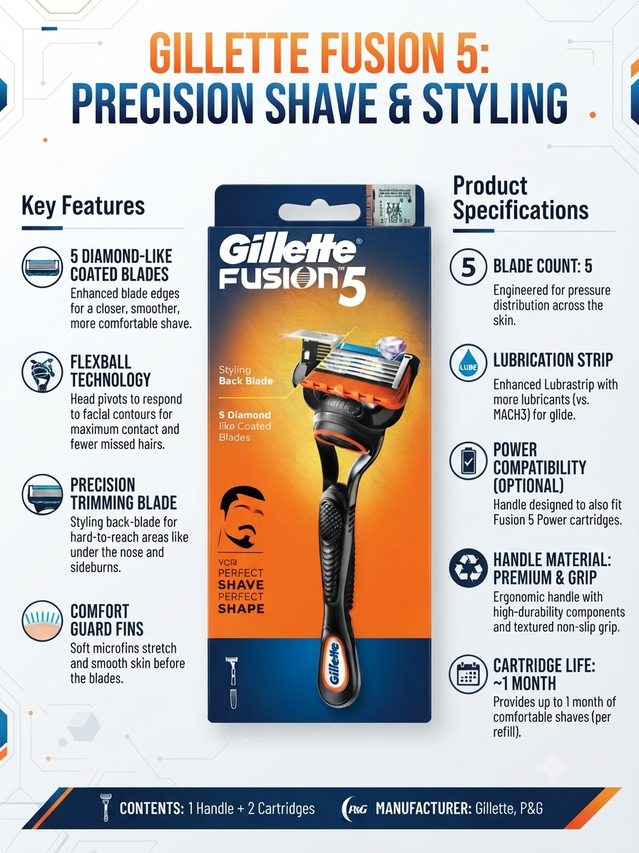 Gillette Fusion5 Razor for Men, 5-Blade Precision Shaving System with FlexBall Technology, Precision Trimmer, Lubrication Strip, Ergonomic Grip, 1 Handle + 2 Cartridges