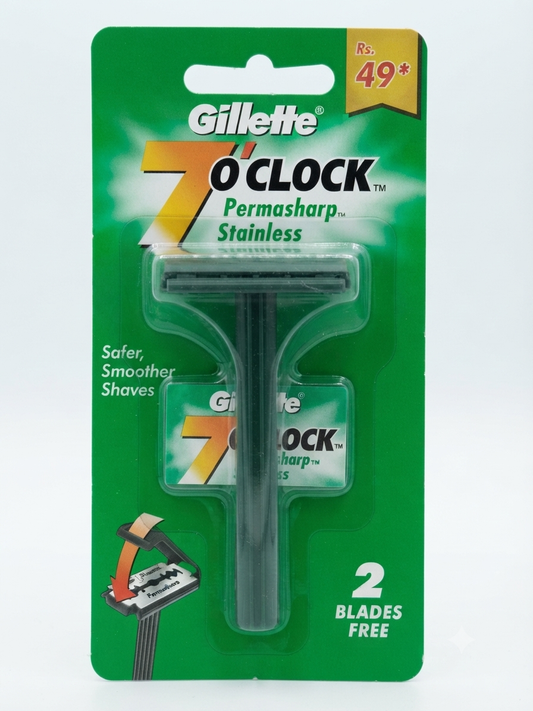 Gillette 7 O’Clock Permasharp Stainless Razor for Men, Twin Blade Safety Razor with Chromium & Ceramic Coated Blades, Ergonomic Handle, 1 Handle + 2 Refills