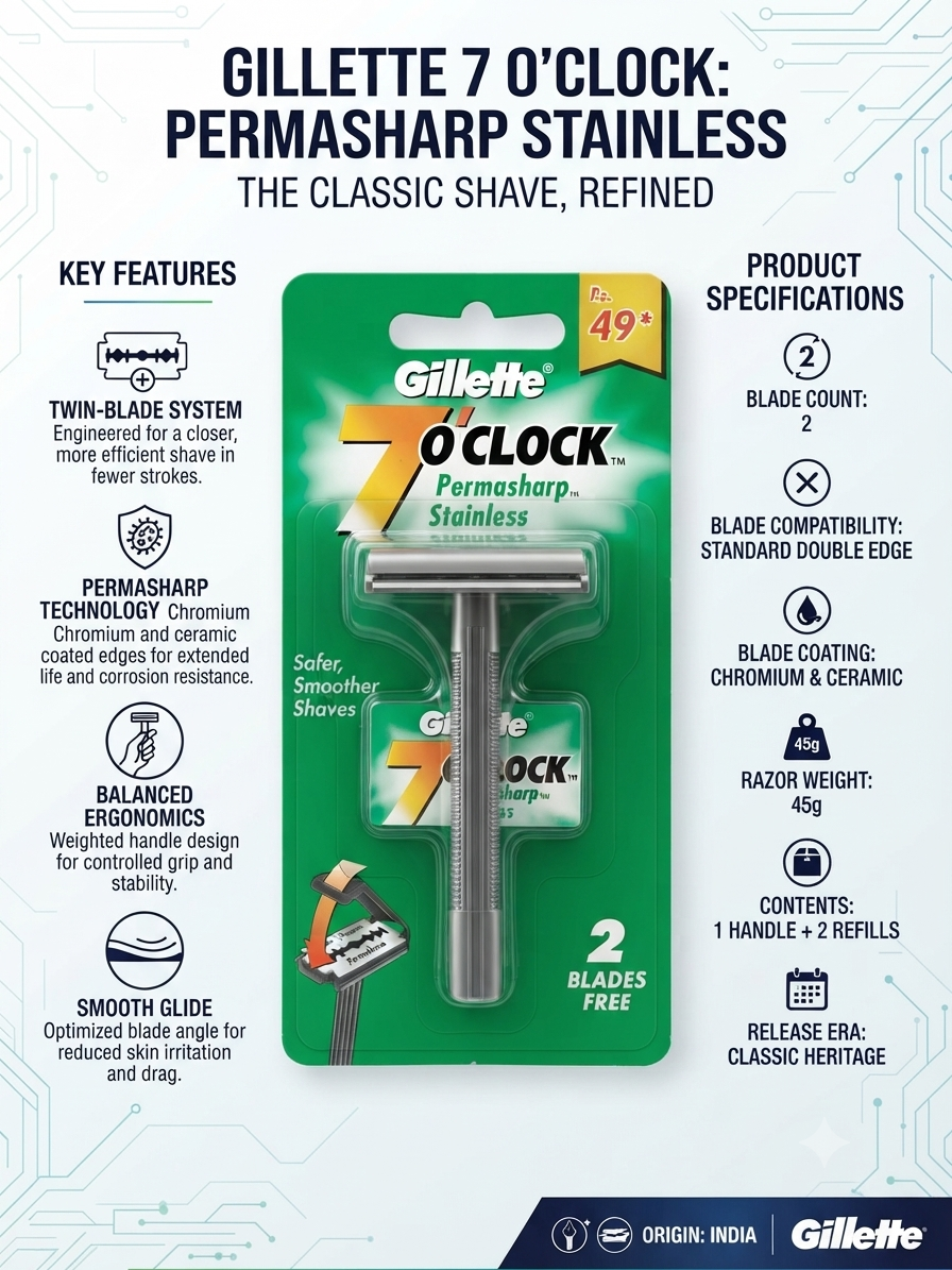 Gillette 7 O’Clock Permasharp Stainless Razor for Men, Twin Blade Safety Razor with Chromium & Ceramic Coated Blades, Ergonomic Handle, 1 Handle + 2 Refills