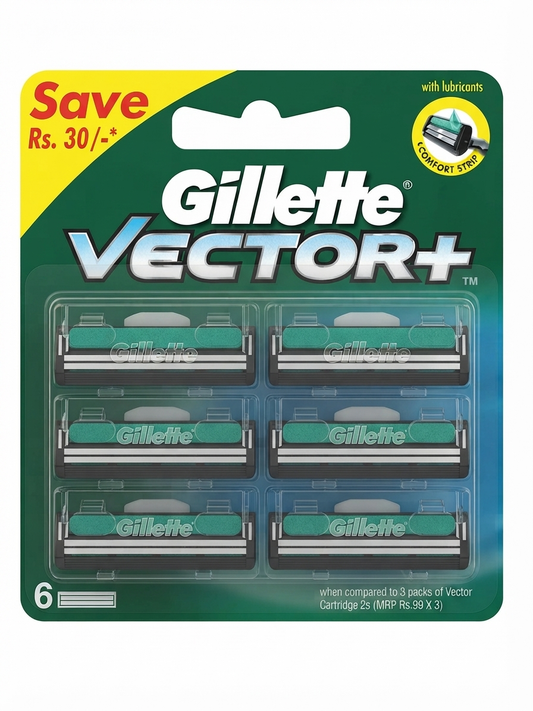 Gillette Vector+ Razor Refill Cartridges for Men, 6 Twin-Blade Replacement Cartridges with Adaptive Pivot Head & Lubrastrip, Compatible with Vector+ Handle