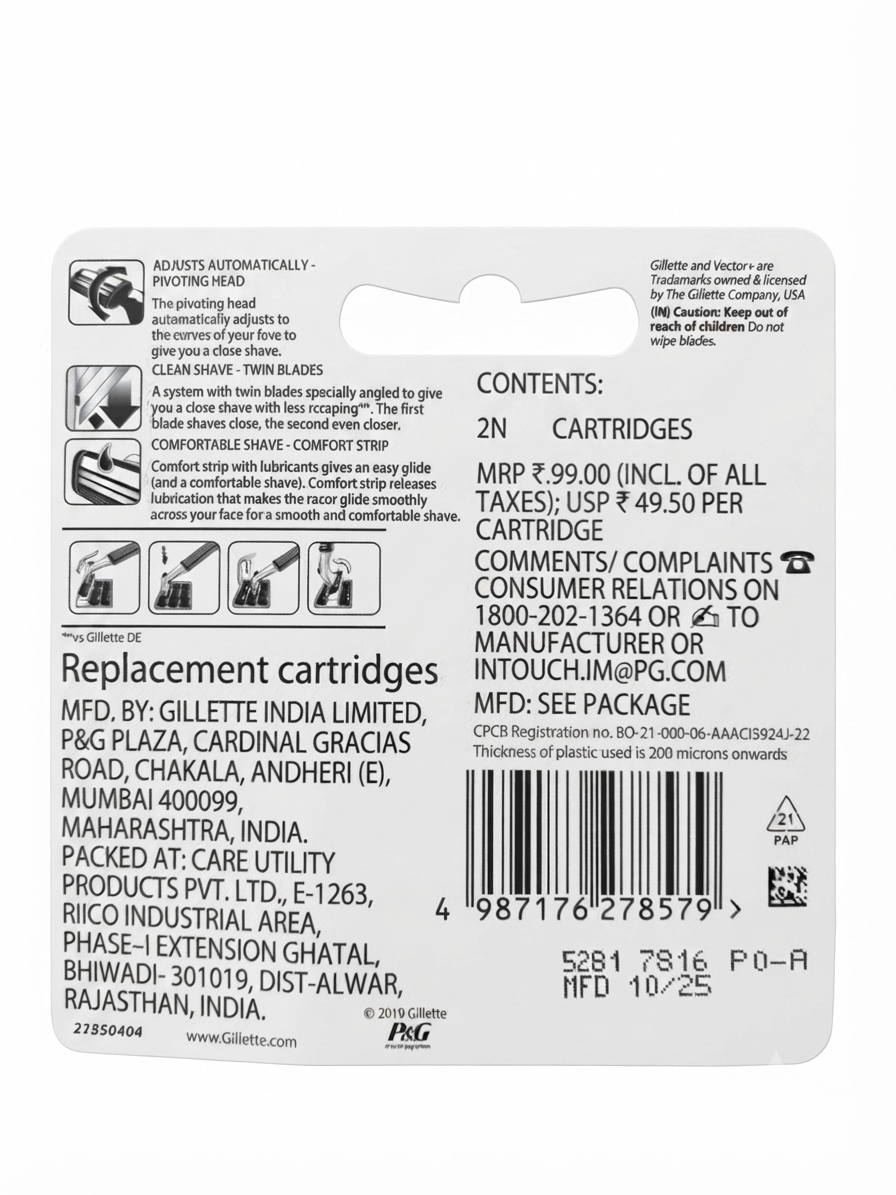 Gillette Vector+ Razor Refill Cartridges for Men, 2 Twin-Blade Replacement Cartridges with Adaptive Pivot Head & Lubrastrip, Compatible with Vector+ Handle