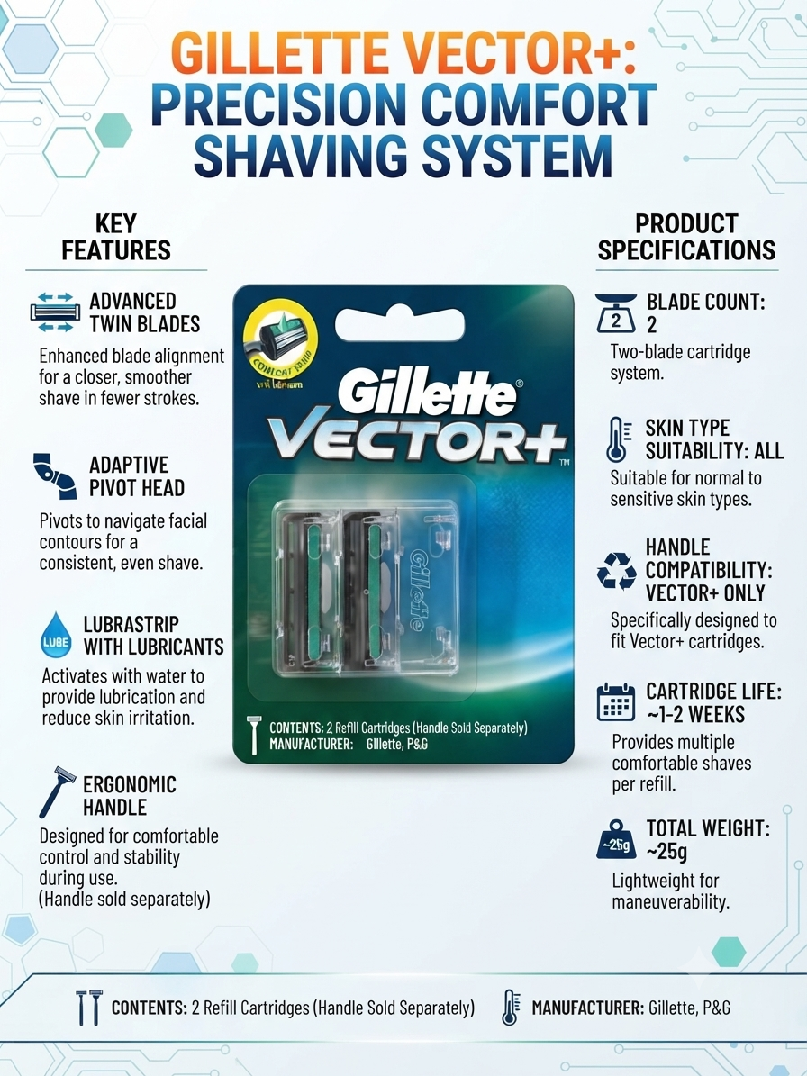 Gillette Vector+ Razor Refill Cartridges for Men, 2 Twin-Blade Replacement Cartridges with Adaptive Pivot Head & Lubrastrip, Compatible with Vector+ Handle