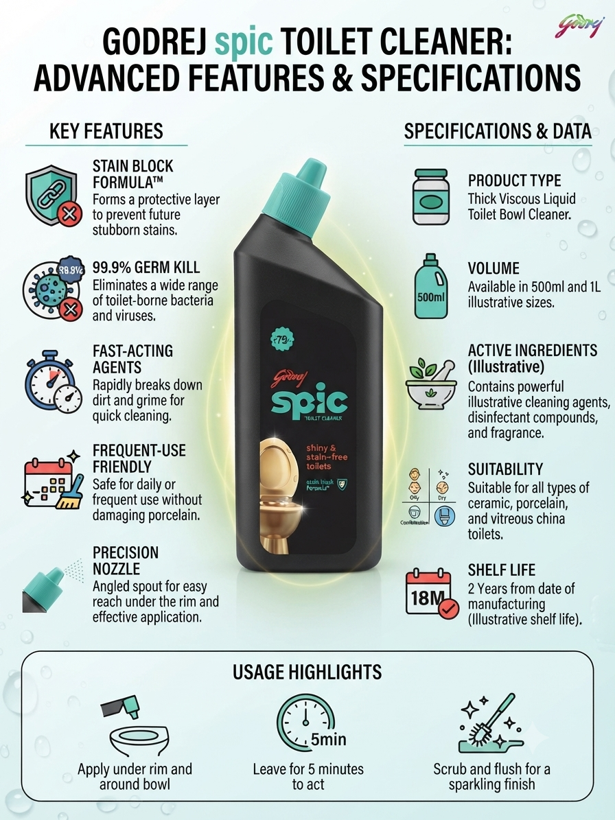 Godrej SPIC Toilet Cleaner Liquid, Thick Viscous Formula for Toilet Bowl Cleaning, Stain Removal & Germ Protection, Easy Under-Rim Application