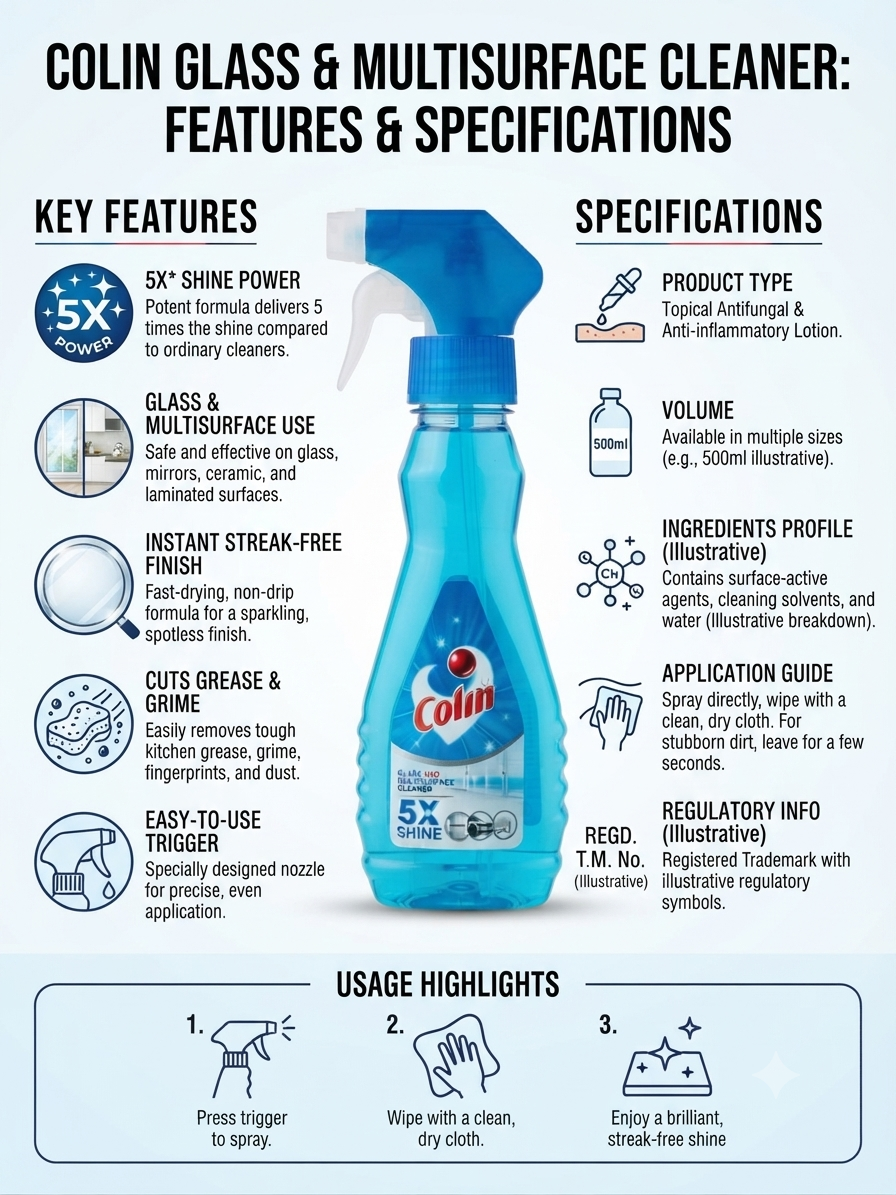 Colin Glass & Multi-Surface Cleaner Spray, 5X Shine Power for Glass, Mirrors, Ceramic & Laminated Surfaces, Streak-Free Cleaning Formula