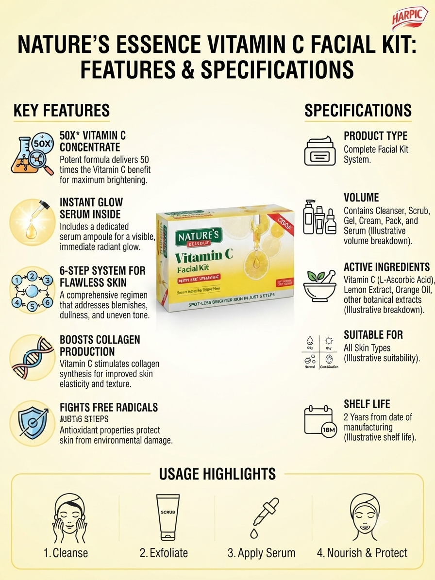 Nature’s Essence Vitamin C Facial Kit for Face, 6-Step Skin Care Kit with Vitamin C, Lemon & Orange Extracts, Cleanser, Scrub, Cream & Serum for Bright, Radiant-Looking Skin