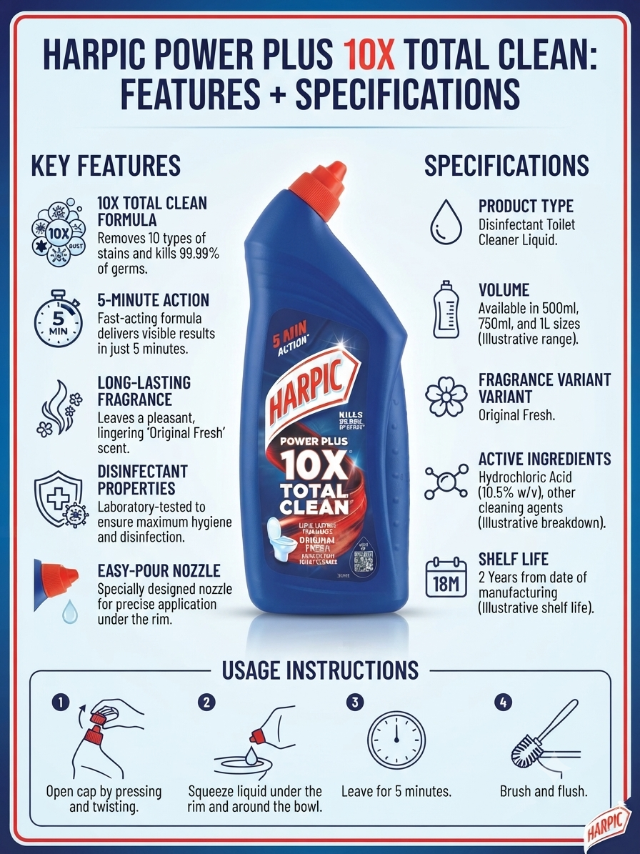 Harpic Power Plus 10X Total Clean Toilet Cleaner Liquid, Original Fresh Fragrance, Fast-Acting Toilet Bowl Cleaner for Deep Cleaning & Freshness