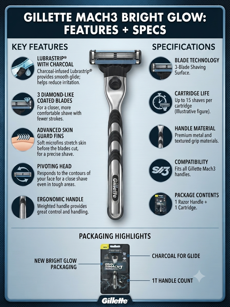 Gillette Mach3 Bright Glow Razor for Men, 3-Blade Shaving System with Charcoal Lubrastrip, Pivoting Head & Ergonomic Handle, 1 Handle + 1 Cartridge