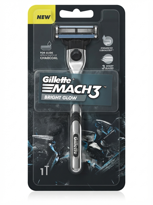 Gillette Mach3 Bright Glow Razor for Men, 3-Blade Shaving System with Charcoal Lubrastrip, Pivoting Head & Ergonomic Handle, 1 Handle + 1 Cartridge
