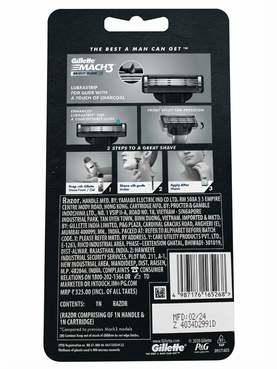 Gillette Mach3 Bright Glow Razor for Men, 3-Blade Shaving System with Charcoal Lubrastrip, Pivoting Head & Ergonomic Handle, 1 Handle + 1 Cartridge