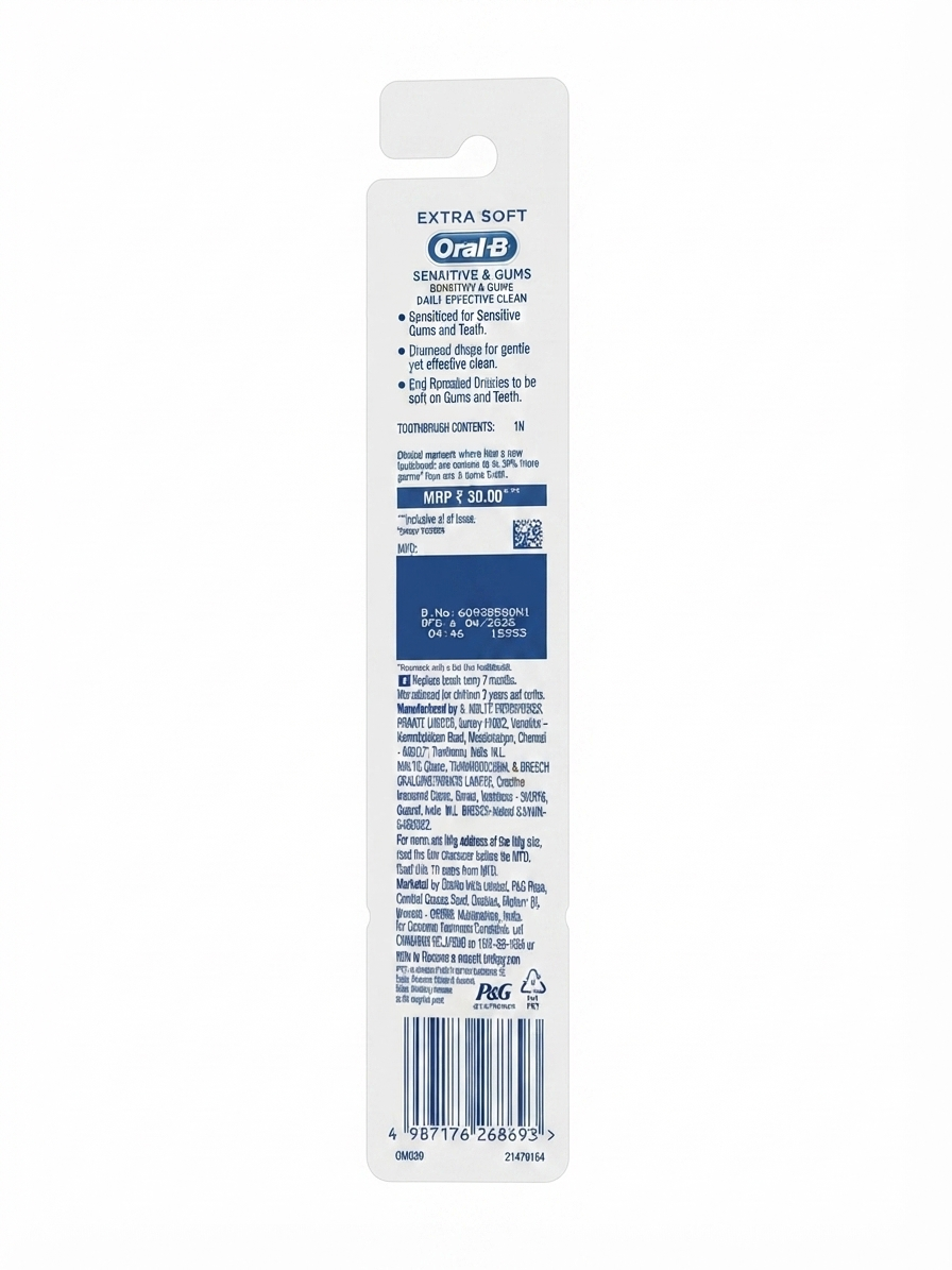 Oral-B Everyday Care Manual Toothbrush for Sensitive Teeth & Gums, Extra Soft Bristles, Rounded Tips, Comfortable Non-Slip Grip, Gentle Daily Cleaning
