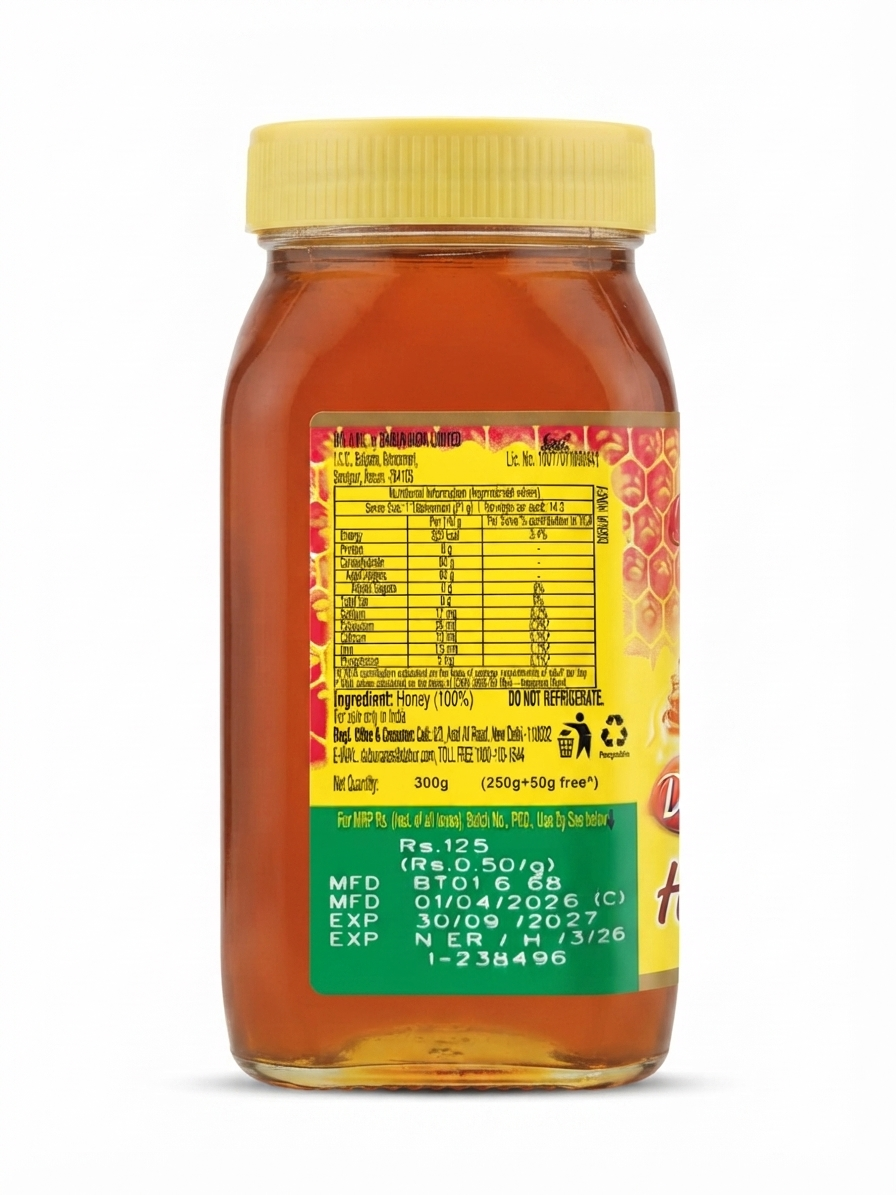 Dabur Honey – 100% Pure Honey, Natural Sweetener, Rich Taste, Vegetarian, Glass Jar, Classic Honey for Daily Use
