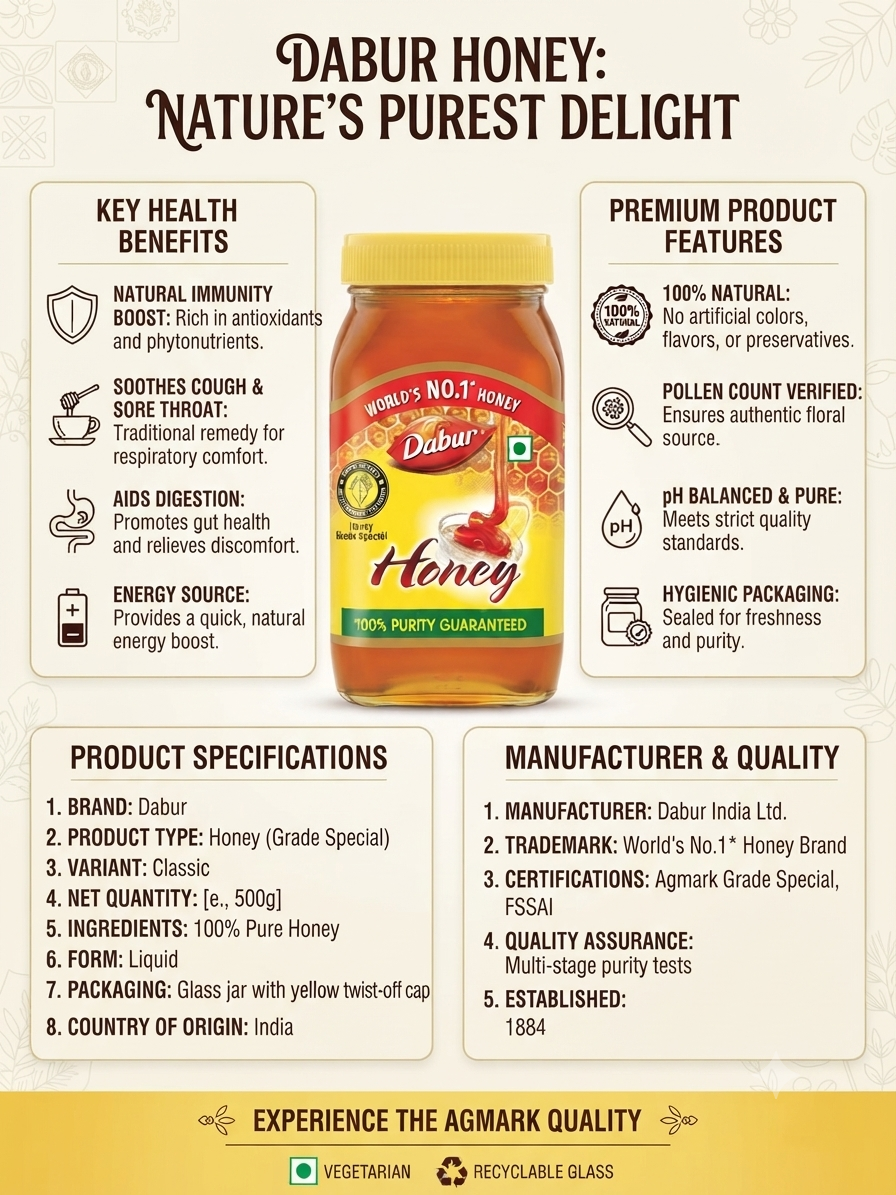 Dabur Honey – 100% Pure Honey, Natural Sweetener, Rich Taste, Vegetarian, Glass Jar, Classic Honey for Daily Use