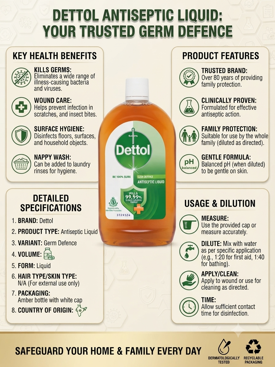 Dettol Antiseptic Liquid Germ Defence, Multipurpose Antiseptic Disinfectant for Personal Hygiene, Wound Care & Surface Cleaning, Family Hygiene Liquid