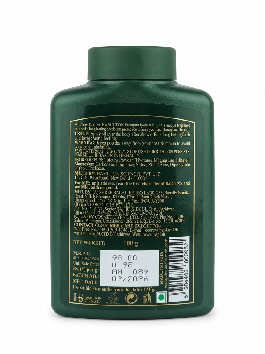 Denver Hamilton Premium Body Talc, Fragranced Talcum Powder for Men, Long-Lasting Freshness, Odor Control, Fine Silky Texture, 100g