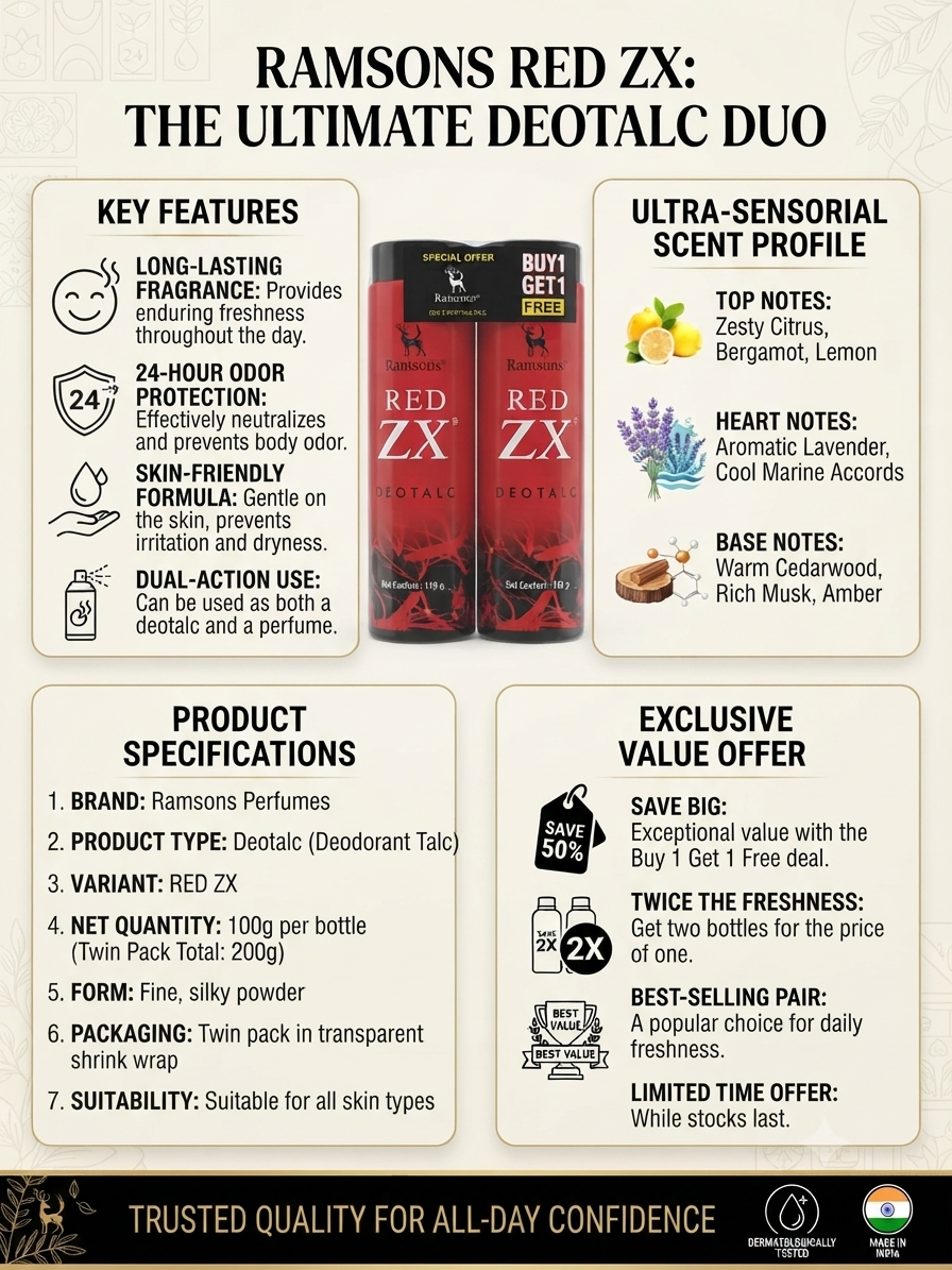 Ramsons Red ZX Deotalc Powder, Deodorant Talc for Men, Long-Lasting Fragrance & Odor Protection, Twin Pack 2 × 100g