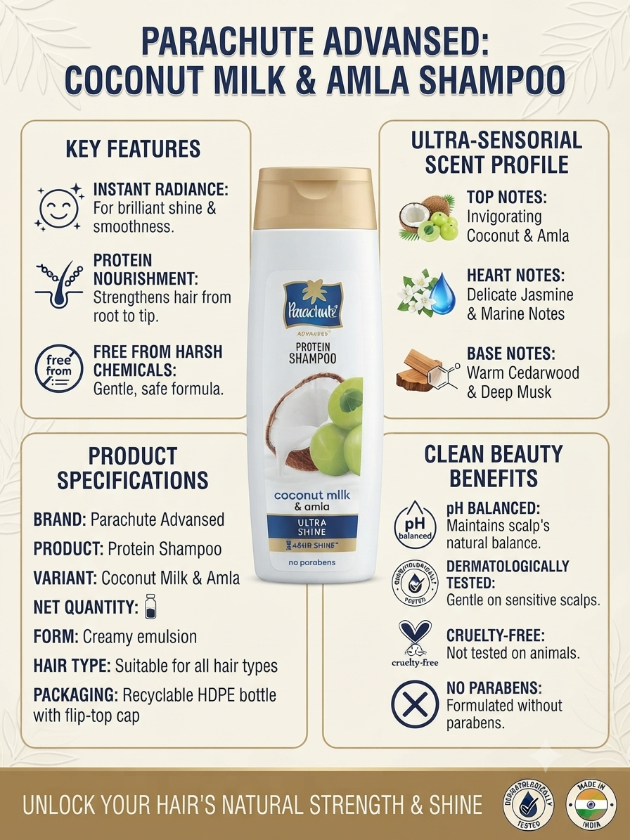 Parachute Advanced Protein Shampoo with Coconut Milk & Amla, For Soft & Shiny Hair, Protein-Enriched Hair Care Shampoo
