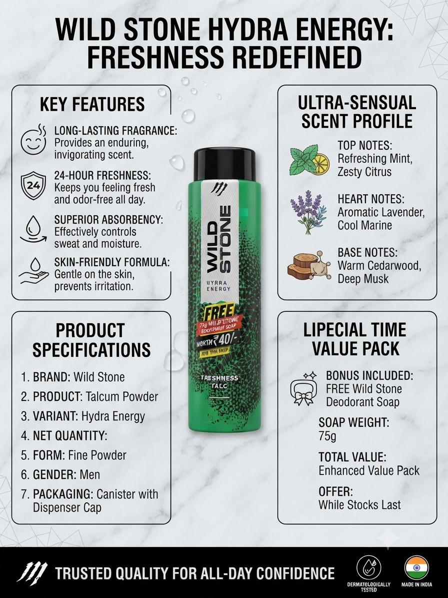 Wild Stone Hydra Energy Talc for Men, Freshness Talcum Powder with Refreshing Fragrance, Body Talc for Daily Grooming