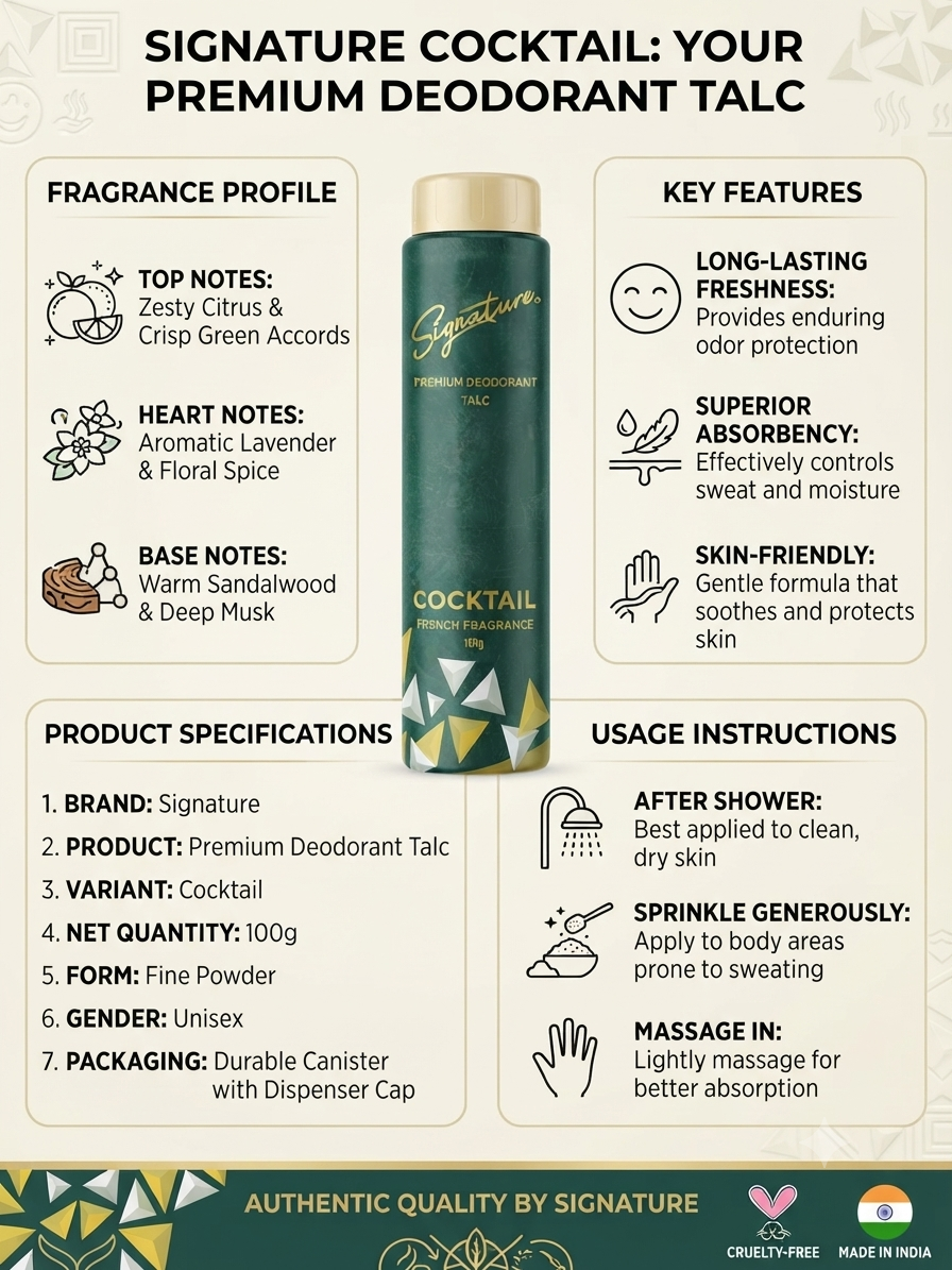 Signature Cocktail Premium Deodorant Talc 100g, Fresh Fragrance Body Powder for Men & Women, Long-Lasting Freshness, Sweat & Moisture Absorbing Talc, Fine Powder with Dispenser Cap