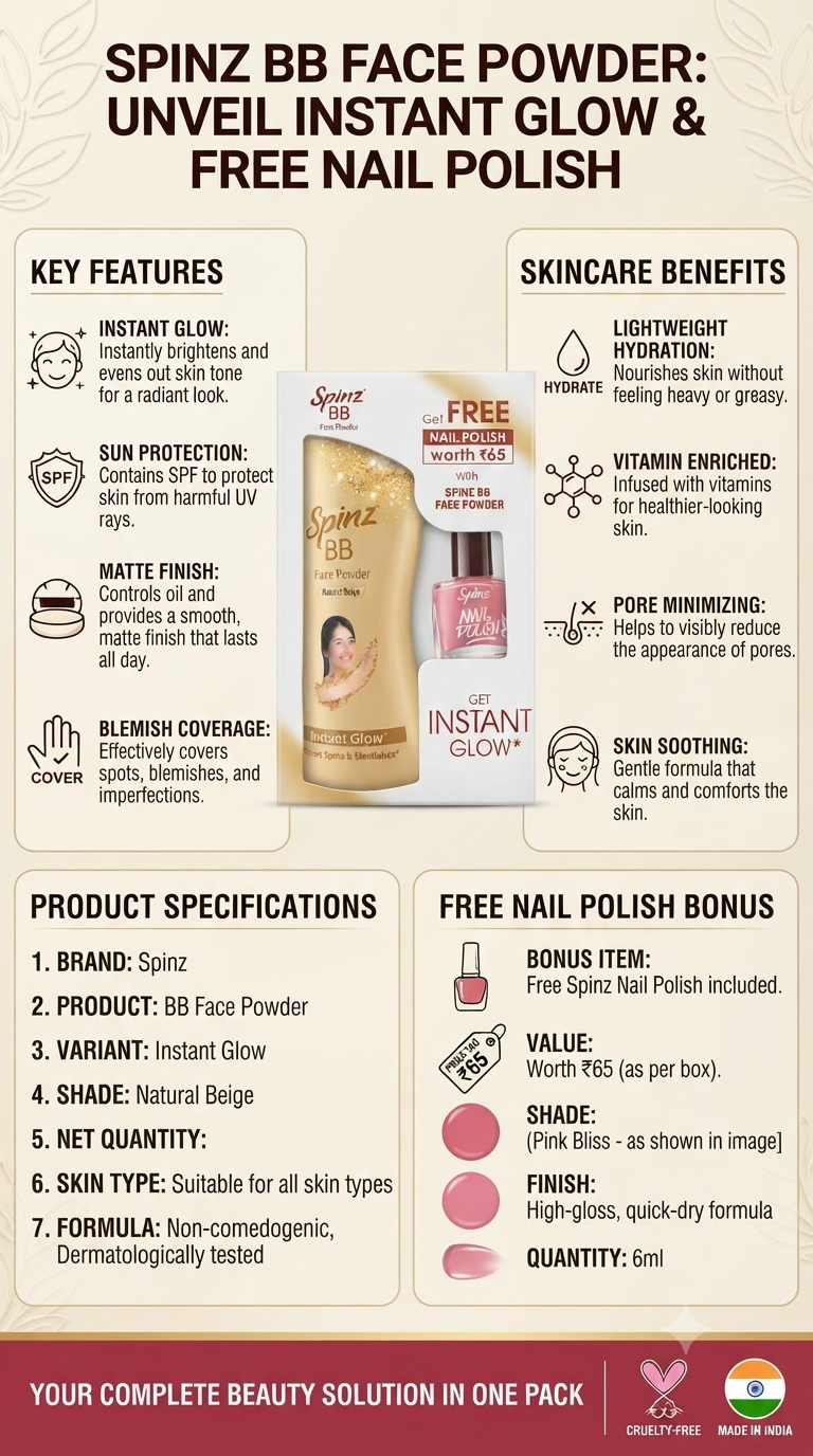 SPINZ BB Face Powder Instant Glow, Natural Beige Face Powder with Matte Finish, Oil Control & Blemish Coverage, Lightweight Vitamin Enriched Formula, Free Spinz Nail Polish 6ml