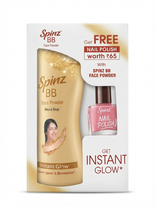 SPINZ BB Face Powder Instant Glow, Natural Beige Face Powder with Matte Finish, Oil Control & Blemish Coverage, Lightweight Vitamin Enriched Formula, Free Spinz Nail Polish 6ml