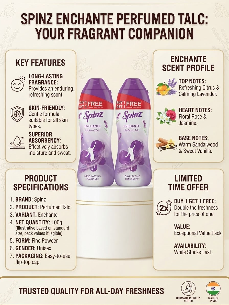 SPINZ Enchante Perfumed Talc 100g, Long-Lasting Fragrance Body Powder, Fine Powder for Men & Women, Moisture & Sweat Absorbing Talc, Skin-Friendly Daily Body Powder, Buy 1 Get 1 Free