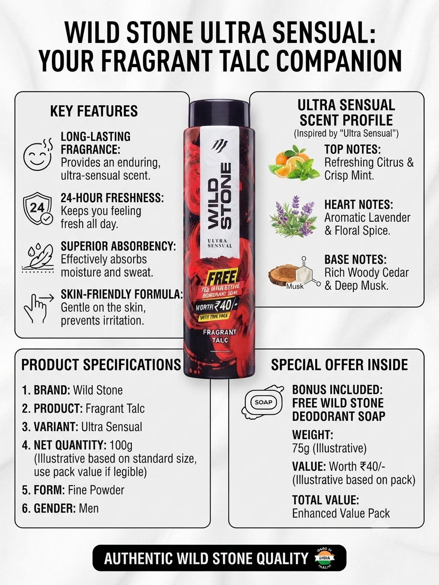 WILD STONE Ultra Sensual Fragrant Talc 100g for Men, Long-Lasting Fragrance Body Powder, 24-Hour Freshness, Sweat & Moisture Absorbing Fine Powder, Skin-Friendly Formula, Free Deodorant Soap