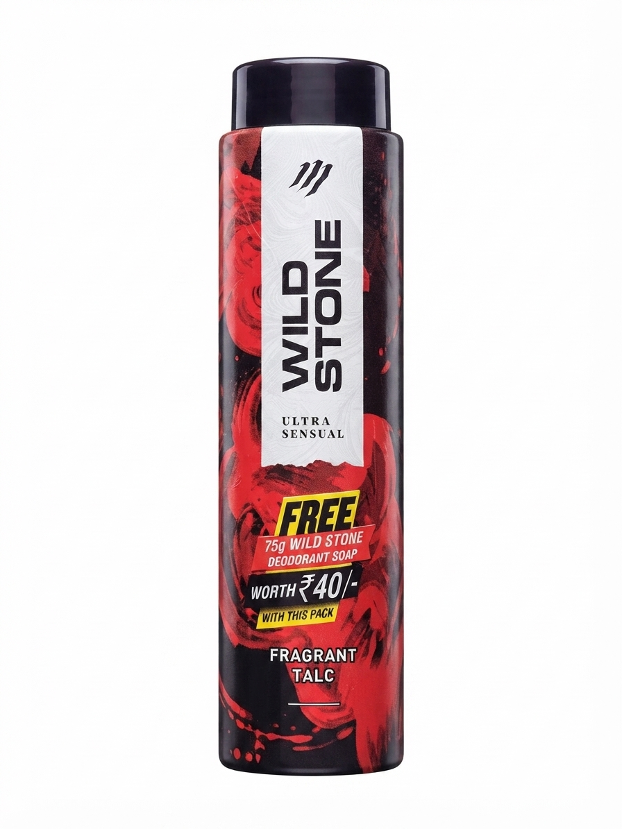 WILD STONE Ultra Sensual Fragrant Talc 100g for Men, Long-Lasting Fragrance Body Powder, 24-Hour Freshness, Sweat & Moisture Absorbing Fine Powder, Skin-Friendly Formula, Free Deodorant Soap