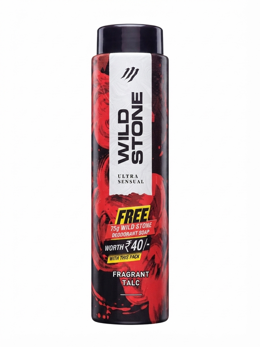 WILD STONE Ultra Sensual Fragrant Talc 100g for Men, Long-Lasting Fragrance Body Powder, 24-Hour Freshness, Sweat & Moisture Absorbing Fine Powder, Skin-Friendly Formula, Free Deodorant Soap